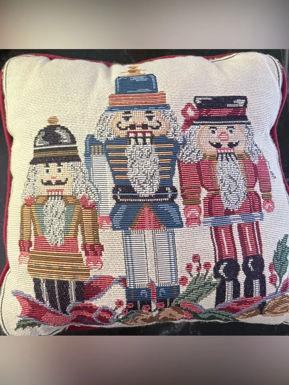 Vintage Christmas Nutcracker Tapestry Throw Pillow Trio Burgundy Piping 12x12